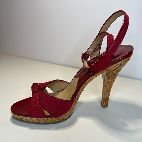 Michael Kors Tied Up Ankle Open Toe Red Fabric & Cork Summer Heels - Picture 7 of 9